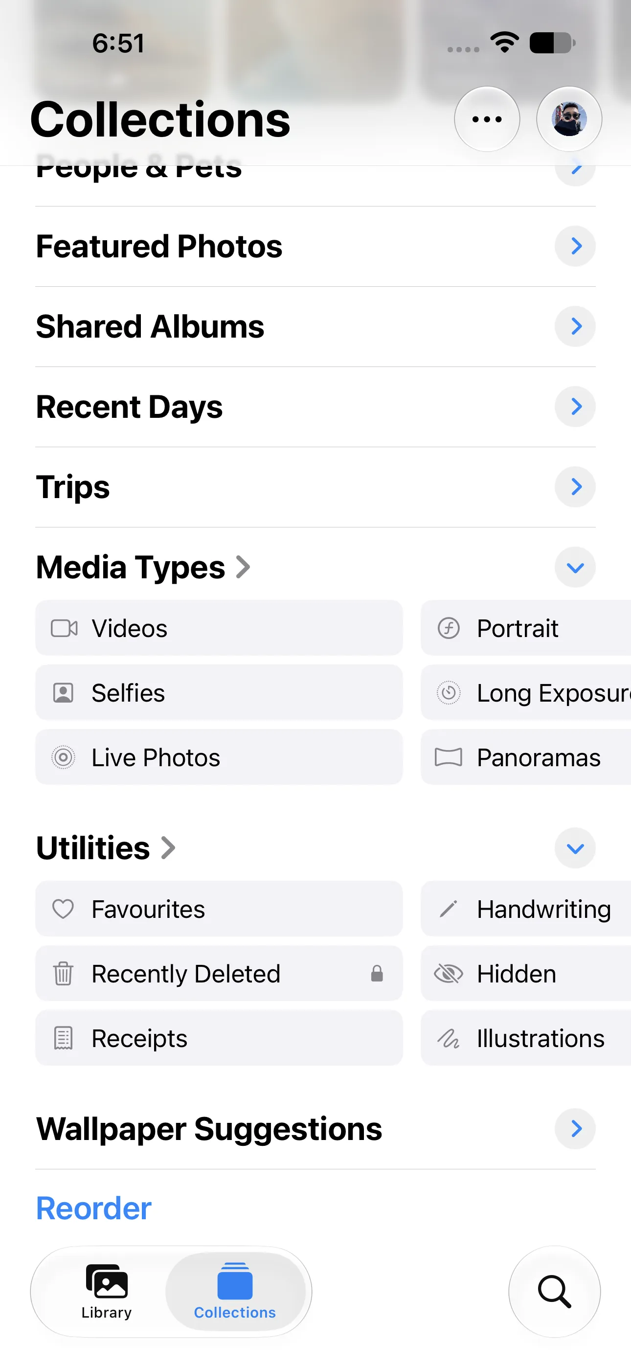 The Apple Photos Collections screen with Media Types and Utilities visible.