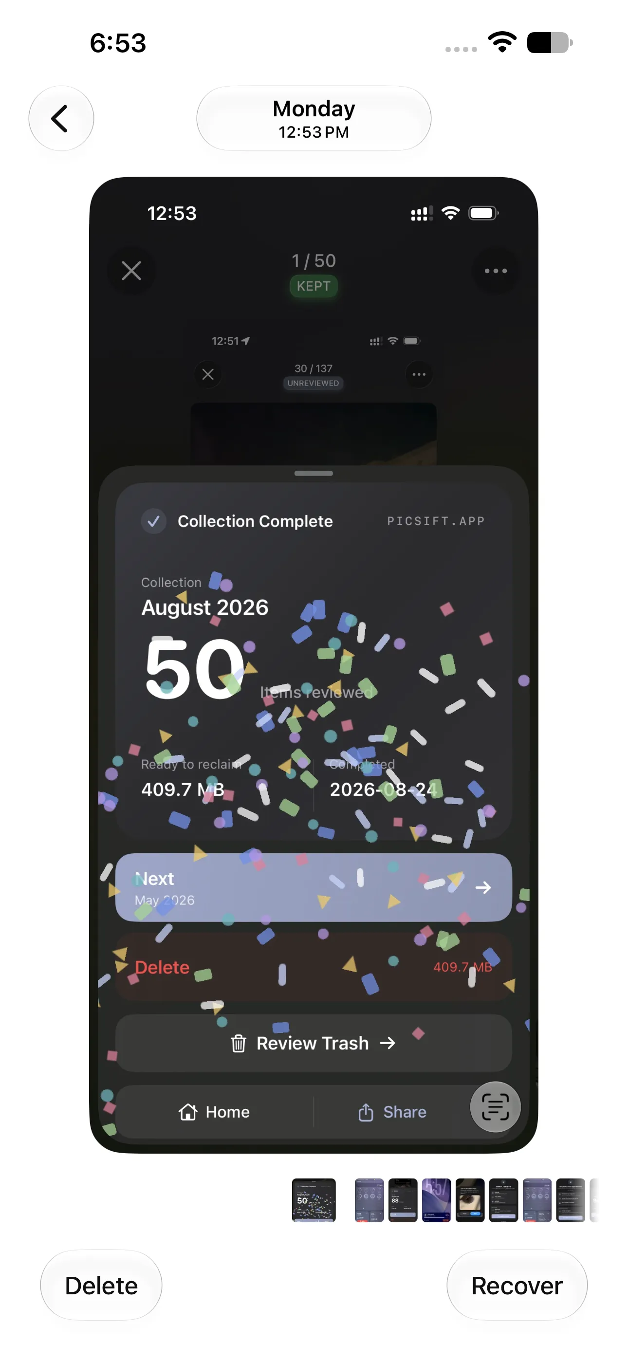 An item opened in Apple Photos Recently Deleted with Delete and Recover controls.