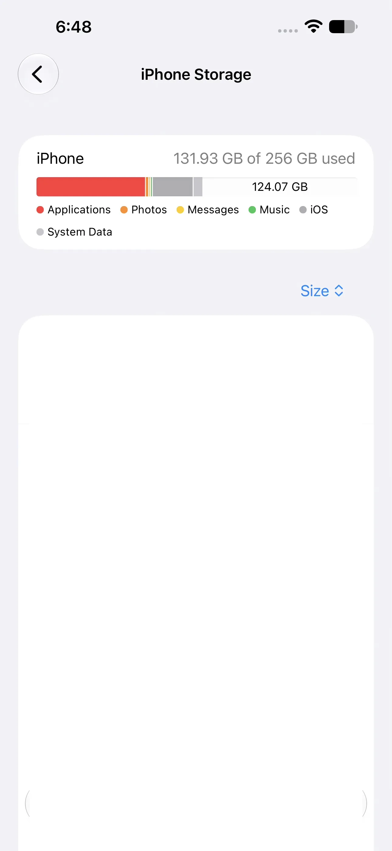 The iPhone Storage screen showing used and available capacity and the storage category legend.